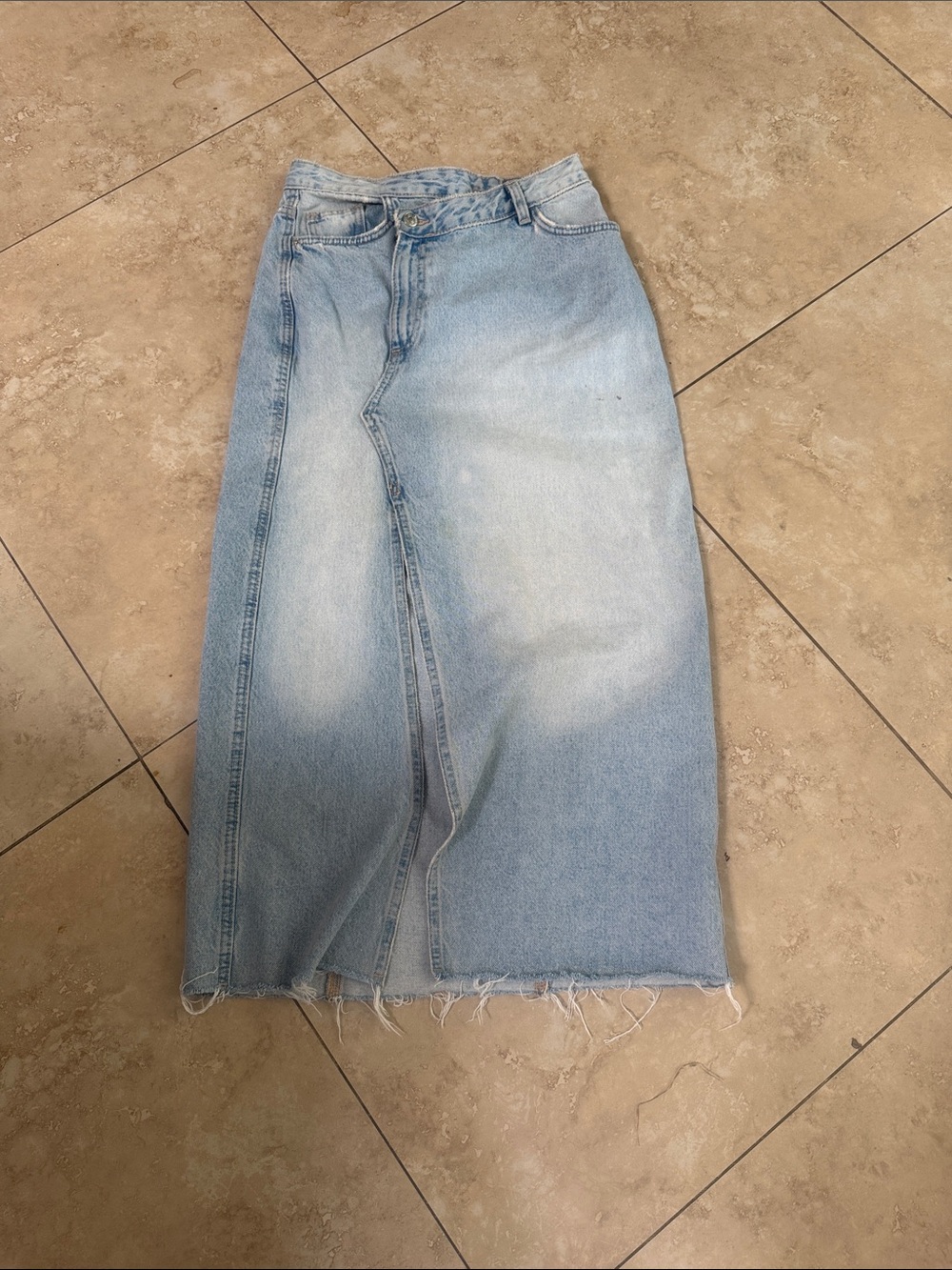 Zara Light Blue Denim Maxi Skirt with Frayed Hem